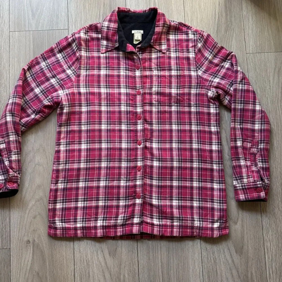 LL Bean Shirt Womens Red Flannel Fleece Lined Shacket Jacket Coat Ladies Small - Picture 2 of 11